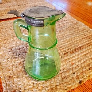 Antique 1916 Uranium Glass Syrup Dispense Green Depression Glass Lid Hazel Atlas